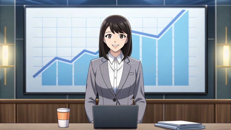Businesswoman in a stylish suit presents her chart in front of the room Anime style vector illustration