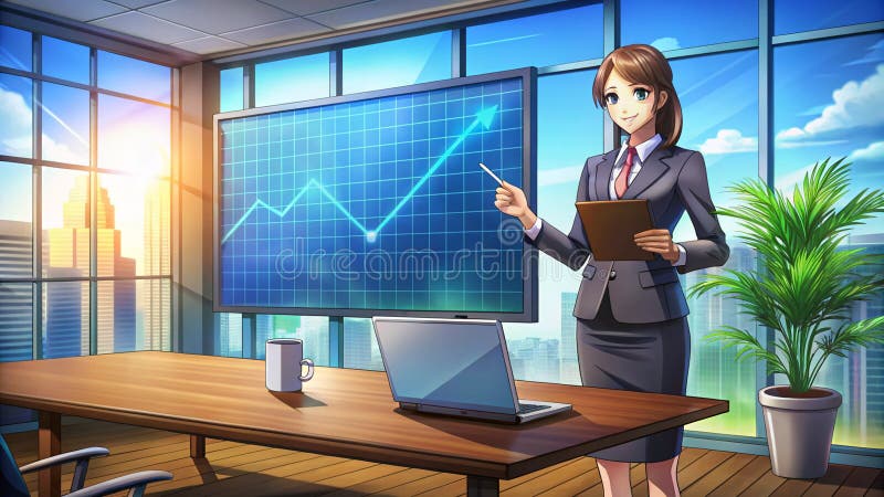 Businesswoman in a stylish suit presents her chart in front of the room Anime style vector illustration