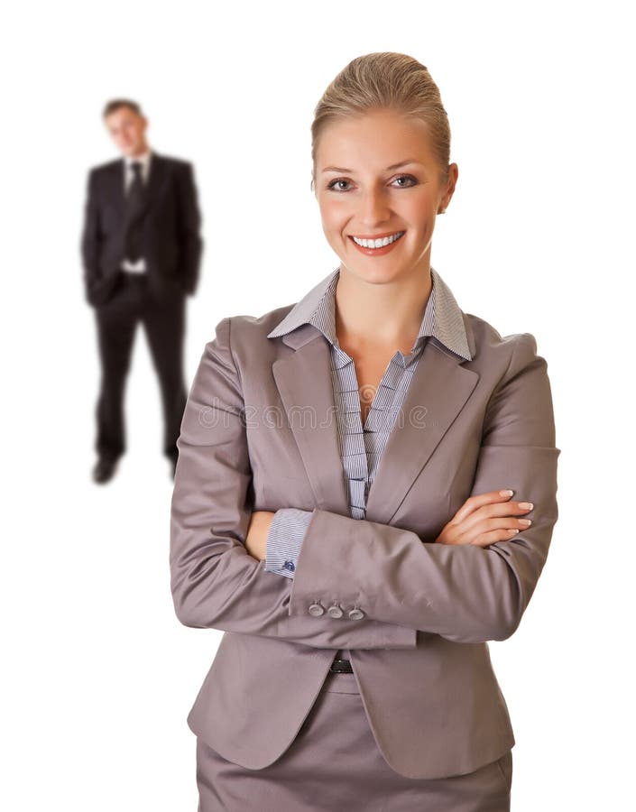 Businesswoman in suit with businessman isolated