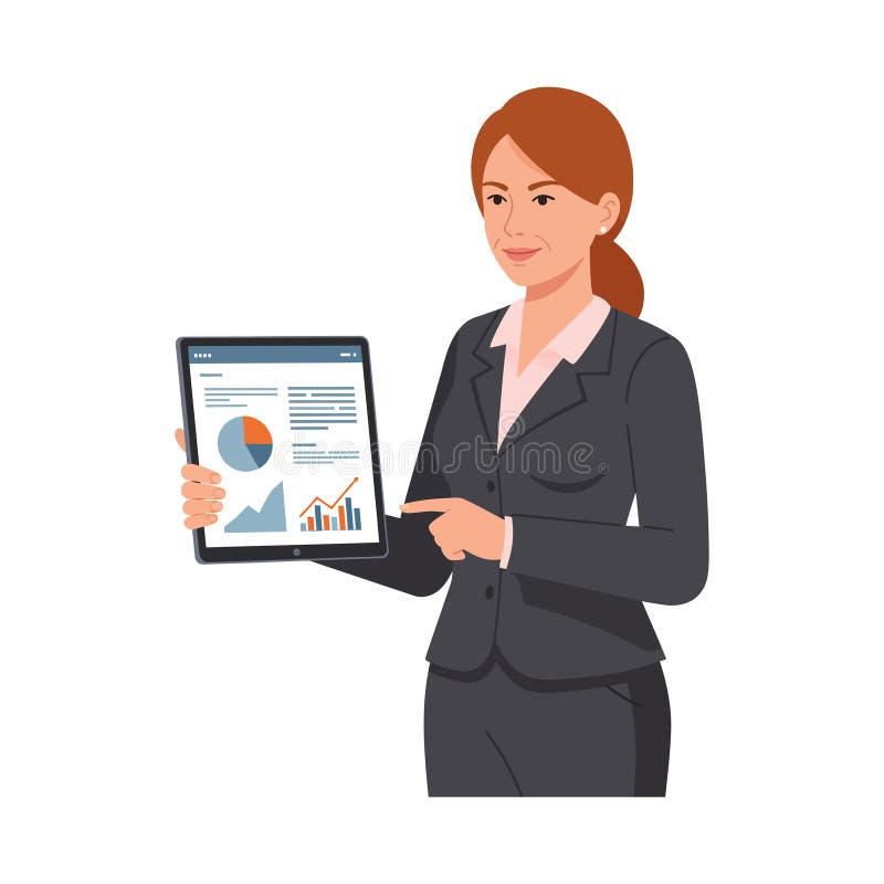 Businesswoman in a suit holding a tablet displaying charts in a flat vector illustration stock illustration