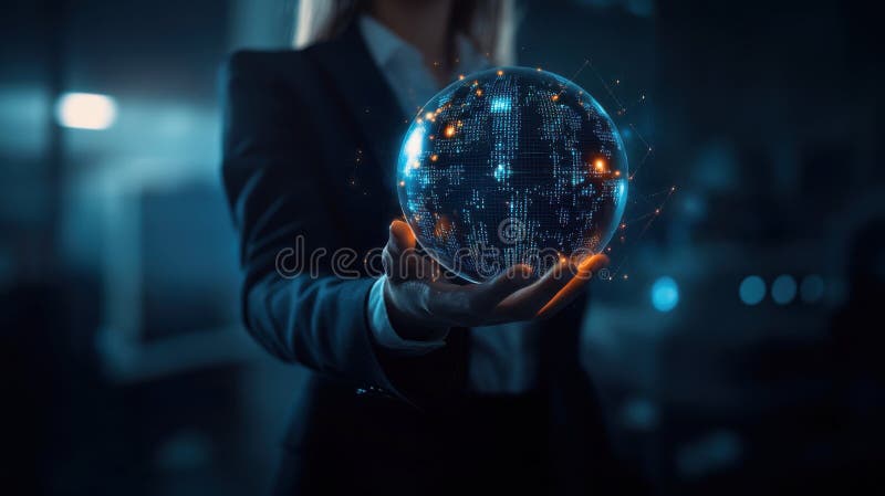 Businesswoman in Suit Holding Translucent Globe in Futuristic Office stock illustration