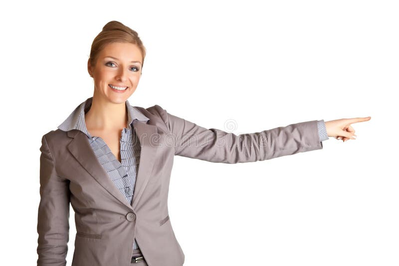 Businesswoman in suit pointing hand