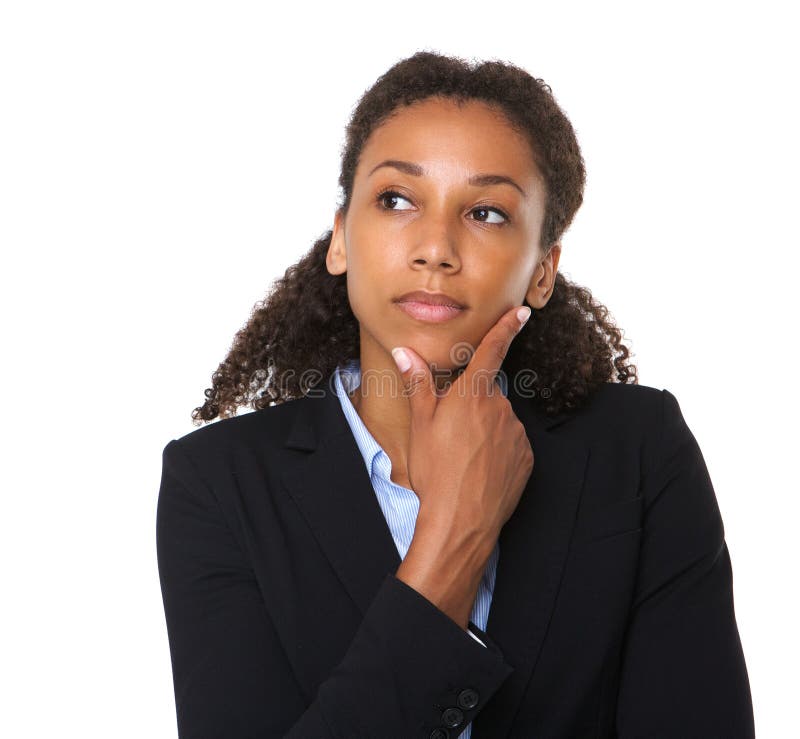 Close up portrait of a young businesswoman thinking on isolated white background. Close up portrait of a young businesswoman thinking on isolated white background