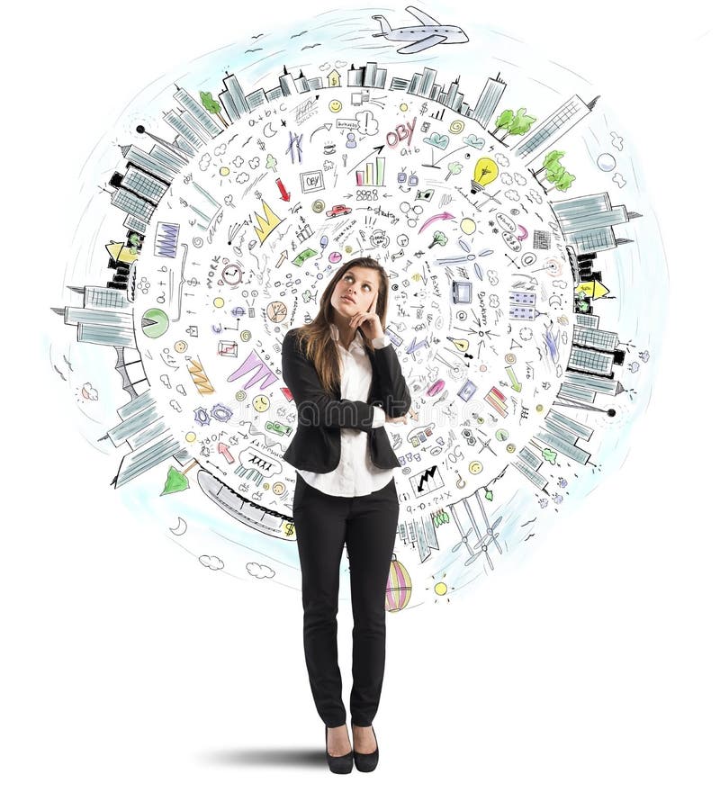 Businesswoman thinks business world stock photo Businesswoman thinks business world stock photo
