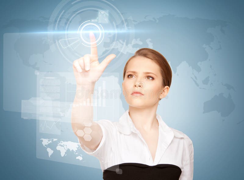 Businesswoman Touching Virtual Screen Stock Image - Image of innovation ...