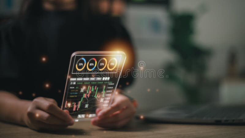 Businesswoman trader investor analyst using app analytics on the futuristic virtual interface screen. for cryptocurrency financial royalty free stock photography