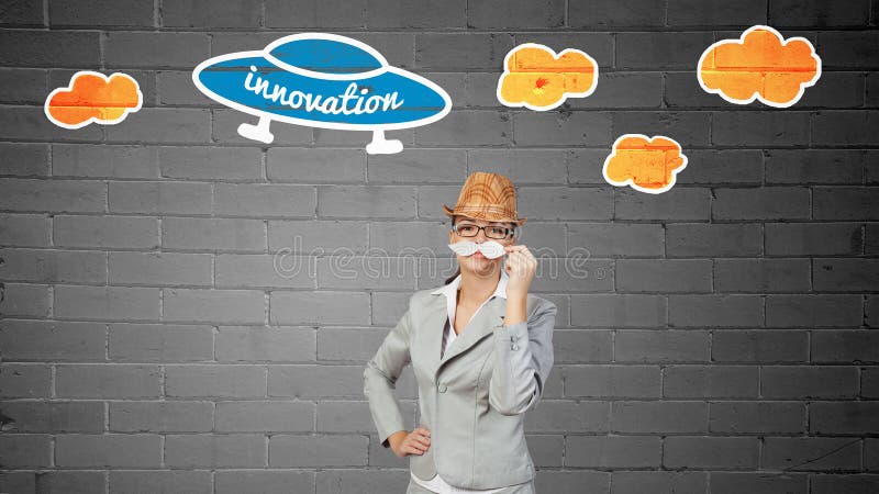 Businesswoman trying paper mustache royalty free stock photos Businesswoman trying paper mustache royalty free stock photos