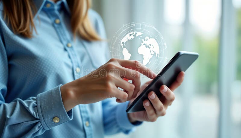 Businesswoman uses mobile tech device. Global communication. Modern tech tools. Wireless tech. Working on project. Digital world. stock illustration