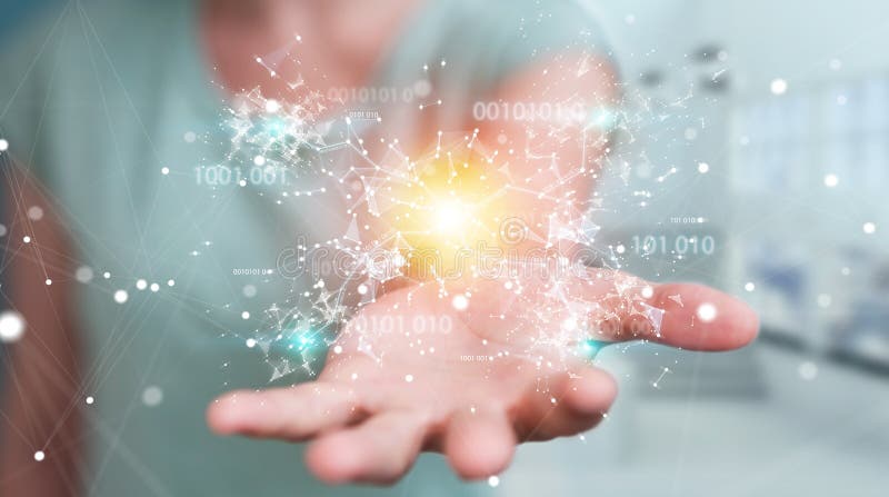 Businesswoman using digital binary code connection network 3D re vector illustration Businesswoman using digital binary code connection network 3D re vector illustration