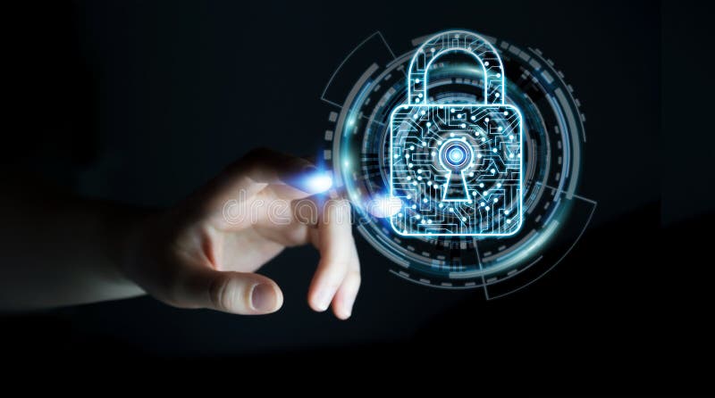Businesswoman using digital padlock to secure her datas 3D rendering stock illustration