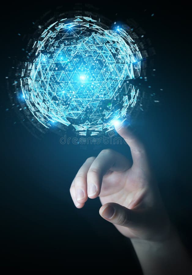 Businesswoman using digital triangle exploding sphere hologram 3 royalty free illustration Businesswoman using digital triangle exploding sphere hologram 3 royalty free illustration