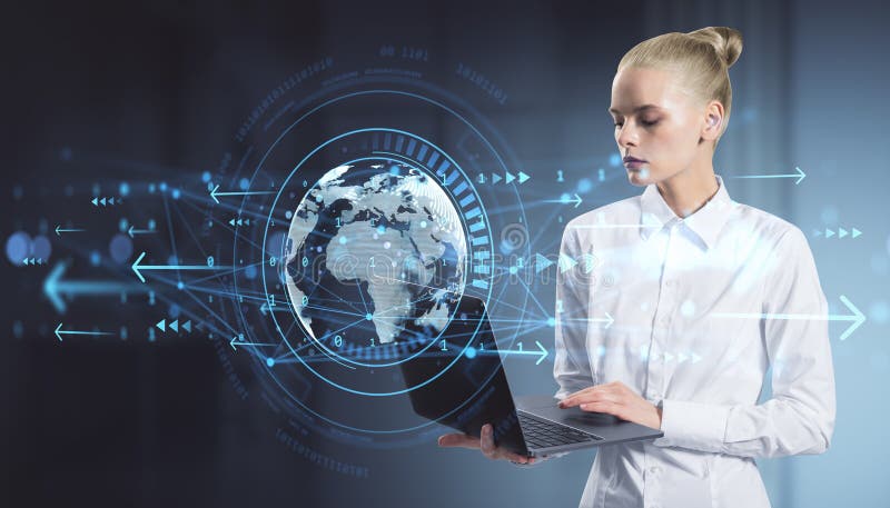 Businesswoman using laptop with digital data and global network connections around her on dark background representing modern royalty free stock image