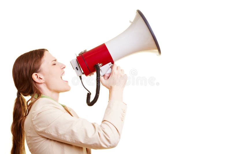 Businesswoman screaming loudly in a big megaphone. Businesswoman screaming loudly in a big megaphone