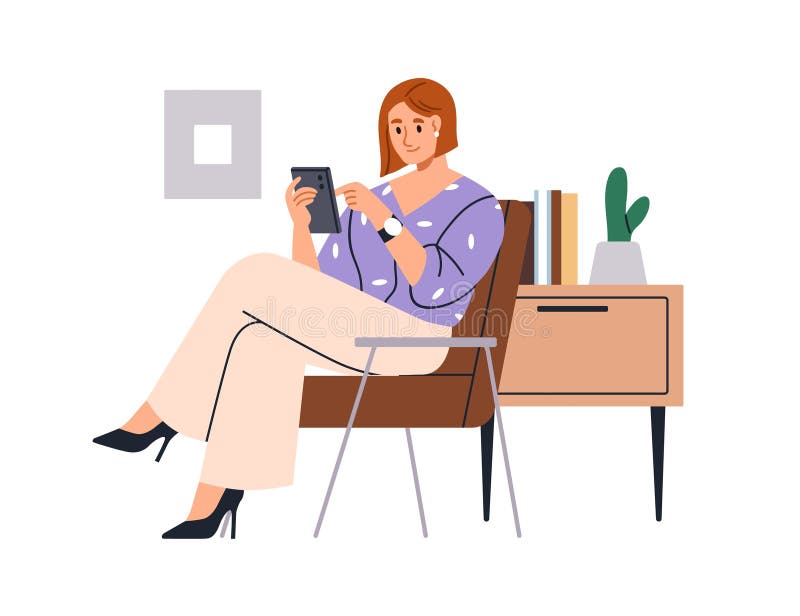 Businesswoman using mobile phone, cellphone. Business woman sitting with smartphone in hands, surfing internet, reading