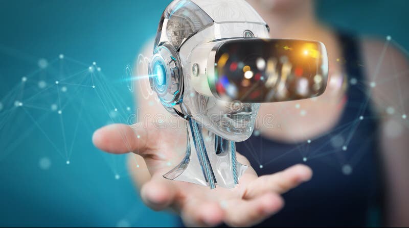Businesswoman using virtual reality and artificial intelligence stock illustration