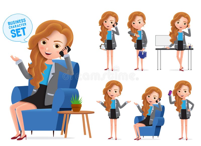 Businesswoman vector characters set. Sitting business woman young office manager character. vector illustration Businesswoman vector characters set. Sitting business woman young office manager character. vector illustration