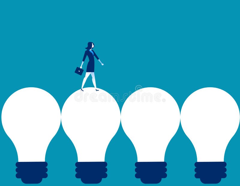 Businesswoman walking on light bulb. Concept business vector ill royalty free illustration Businesswoman walking on light bulb. Concept business vector ill royalty free illustration