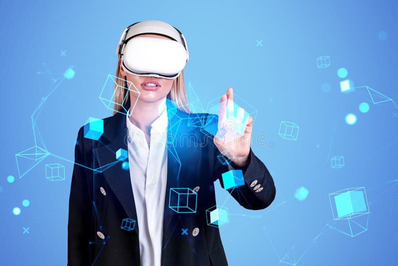 Businesswoman wearing vr headset watching at metaverse with bloc stock photography