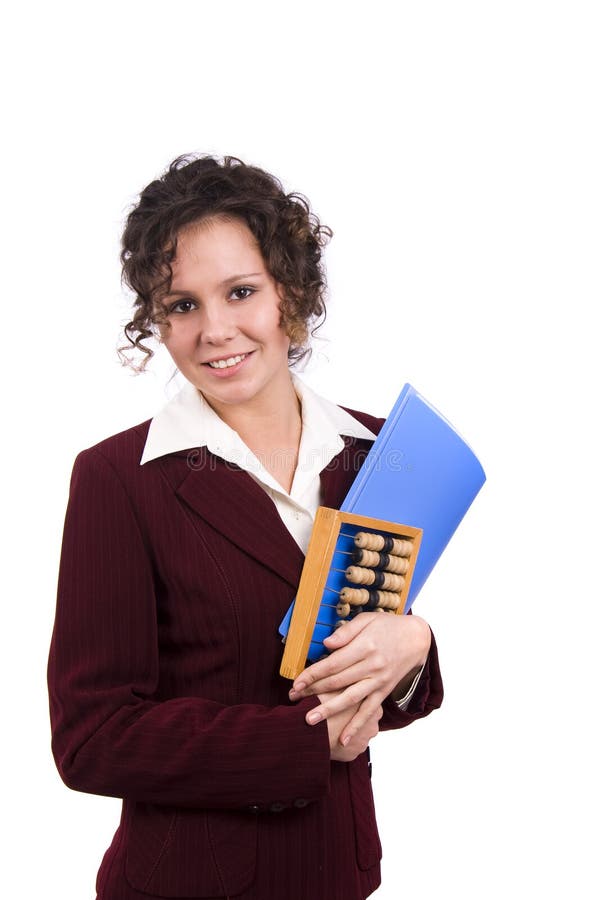 Businesswoman with wooden abacus.