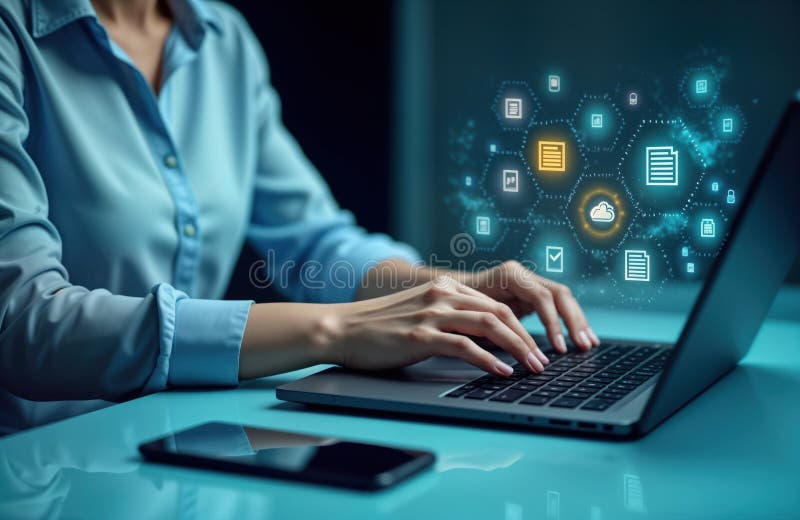Businesswoman works on laptop. Virtual screen shows document management system icons. Efficient file management shown. Online vector illustration