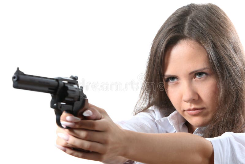 Businesswomen is aiming a revolver