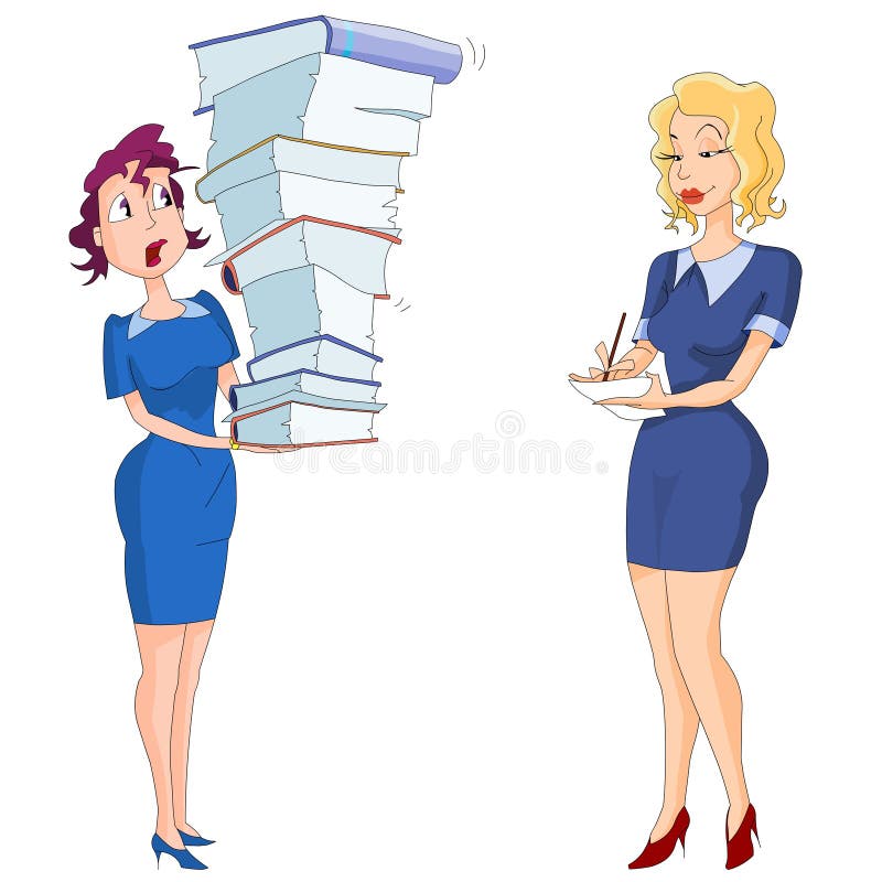 Businesswomen with clipboard and big stack of book royalty free illustration