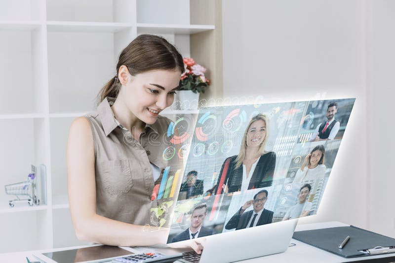 Businesswomen happy using high technology online meeting via internet with futuristic digital device to video calling with stock photography