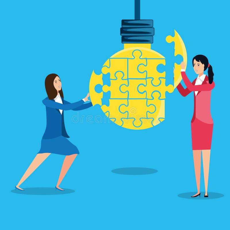 Businesswomen with puzzle pieces in shape light bulb vector illustration