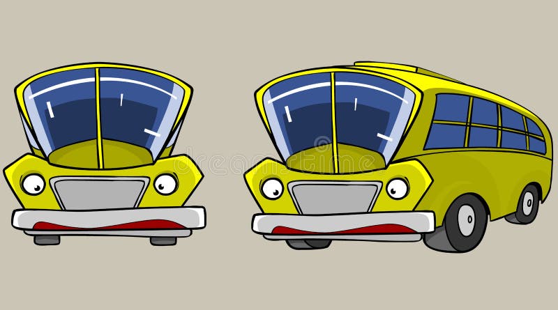 Cartoon Character Yellow Bus stands in different angles. Cartoon Character Yellow Bus stands in different angles