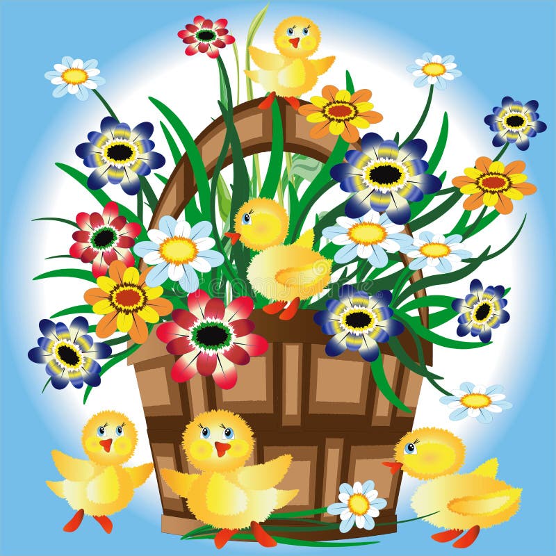 Bussket with flowers and ducklings.