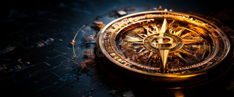 Bussola bitcoin che simboleggia la direzione in un mondo di cristocratura fotografia stock