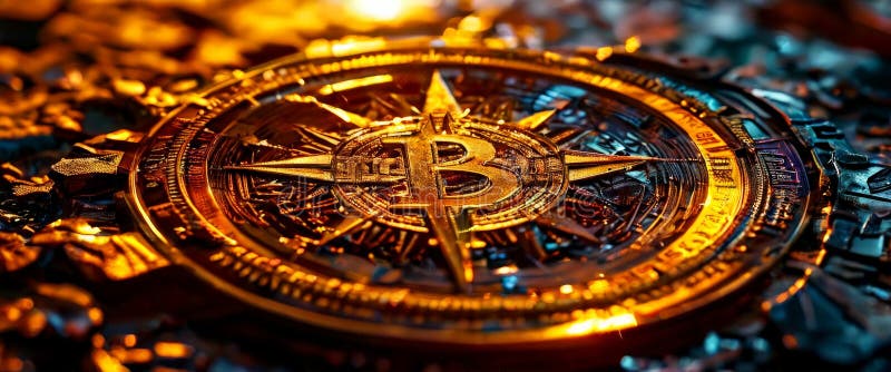 Bussola con simbolo di bitcoin che rappresenta la direzione della finanza digitale fotografia stock libera da diritti