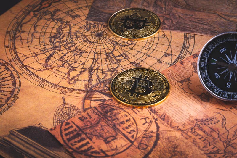 Bussola e bitcoin. viaggiare e critocratiche. acquisto di biglietti con monete in euro. fotografie stock