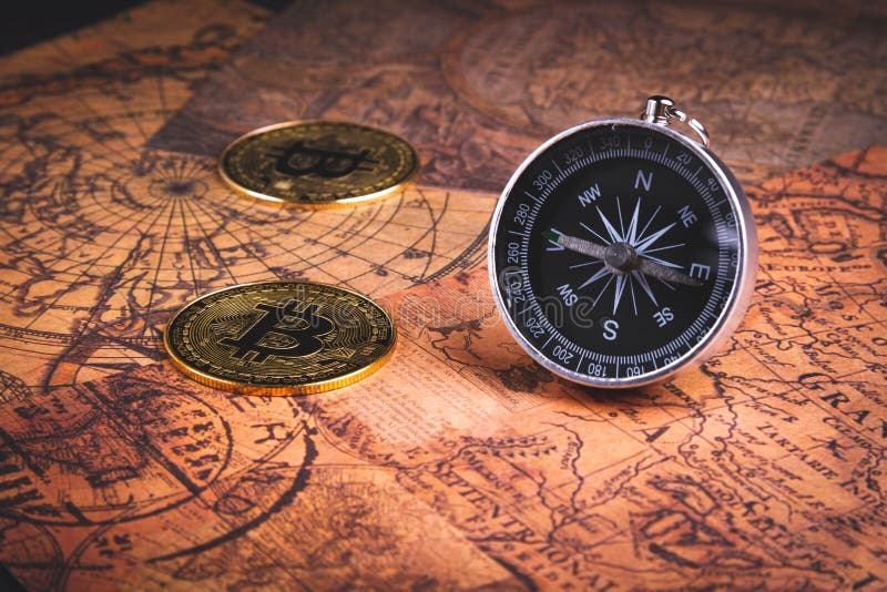 Bussola e bitcoin. viaggiare e critocratiche. acquisto di biglietti con monete in euro. immagine stock