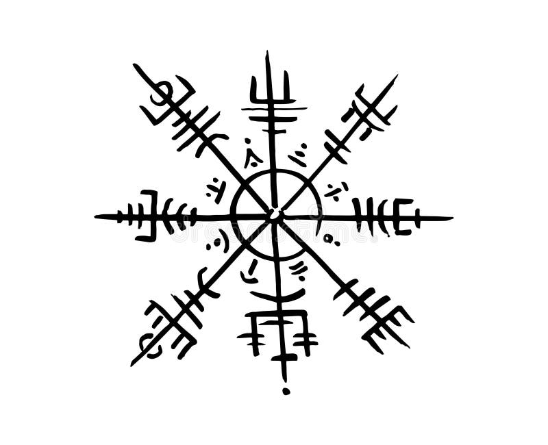 Bussola ruotata vegvisir bussola nera disegno a mano disegno a mano simboli di vichetta sonorità di tatuaggio logo grunge magia ru illustrazione vettoriale