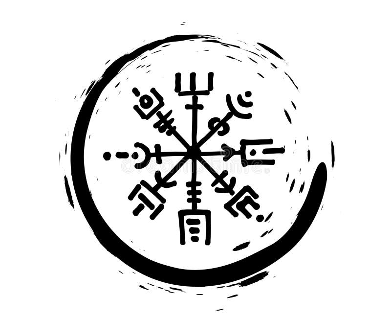 Bussola ruotata vegvisir bussola nera disegno a mano disegno a mano simboli di virgola sacro rosario logo tondo logo grunge runge illustrazione vettoriale