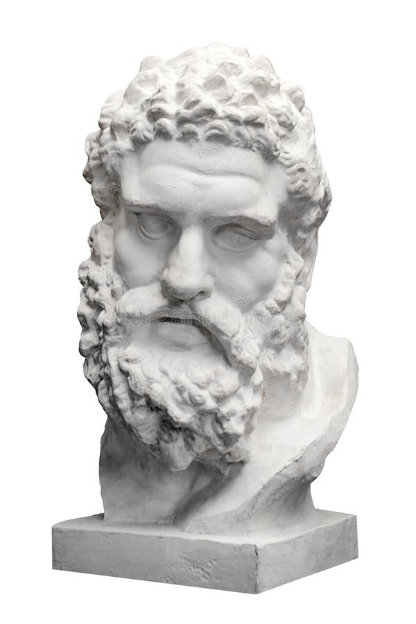 Bust of the Farnese Hercules. Heracles head sculpture, plaster copy of a marble statue isolated on white. Son of Zeus