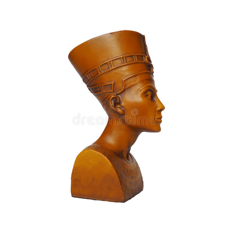 Bust or statue of the ancient Egyptian queen Nefertiti made of brown stone on a white background. The symbol of eternal female
