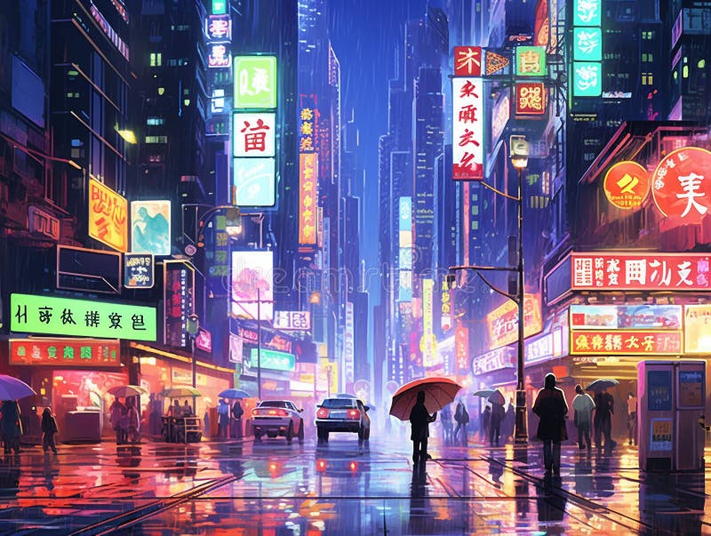 cyberpunk,city,metropolis,neon, rain,art illustration Stock Illustration