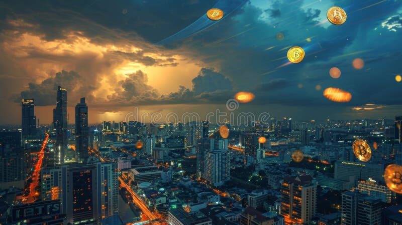 A bustling developing cityscape with a digital coin storm illustrating the potential for positive economic stock photos