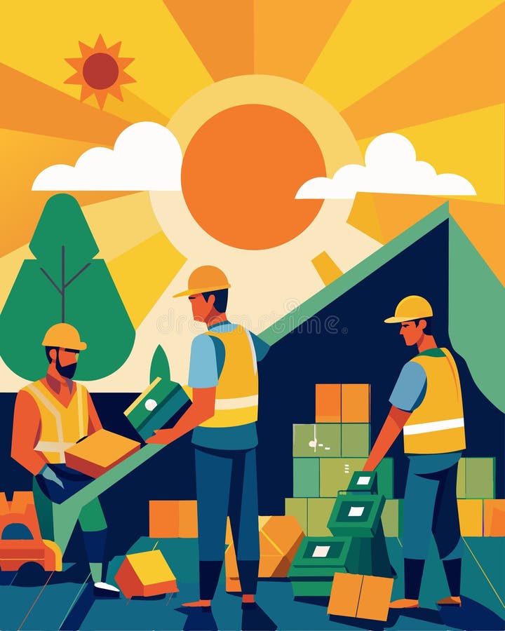 A bustling facility with workers clad in solarpowered vests sorting through piles of recyclables under the warm glow of stock illustration