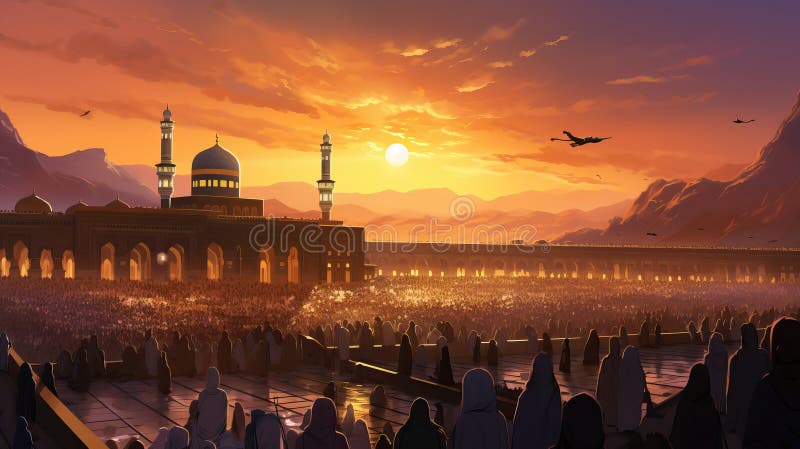 Bustling scene of pilgrims circling the Kaaba during Hajj, cartoon illustration, ai generative