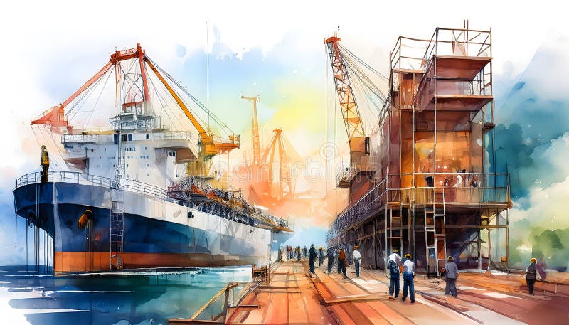 Een werf met grote vrachtschepen in aanbouw en werknemers die over de haven bewegen stock illustratie