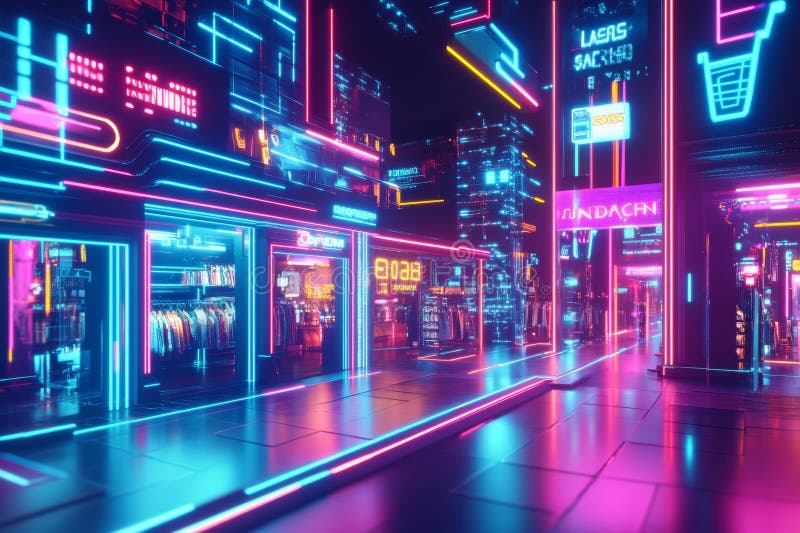 A bustling shopping area features bright neon lights and advanced technology, where futuristic storefronts invite stock photos
