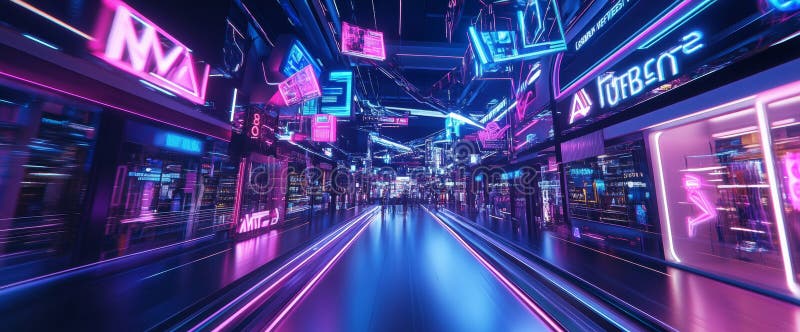 A bustling shopping district comes alive with neon lights and futuristic design. Colorful displays highlight technology stock photo