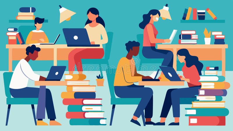 A bustling study area with students typing away on laptops and stacks of books spread out on tables.. royalty free stock image