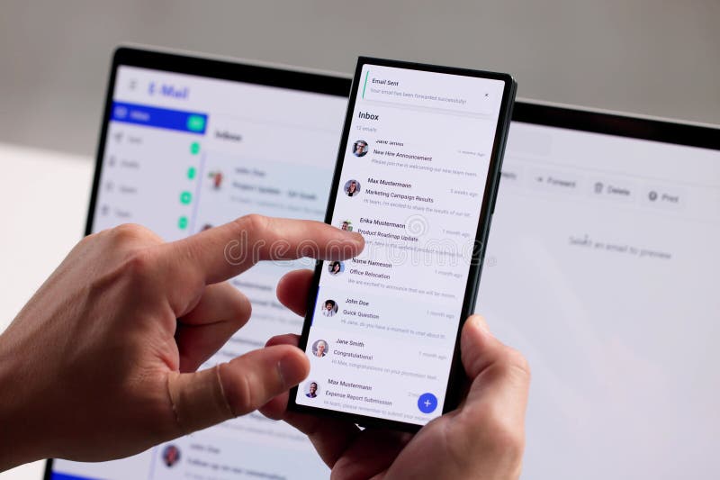 Busy Businessman Multitasking On Laptop And Phone, Checking Emails Remotely royalty free stock photo