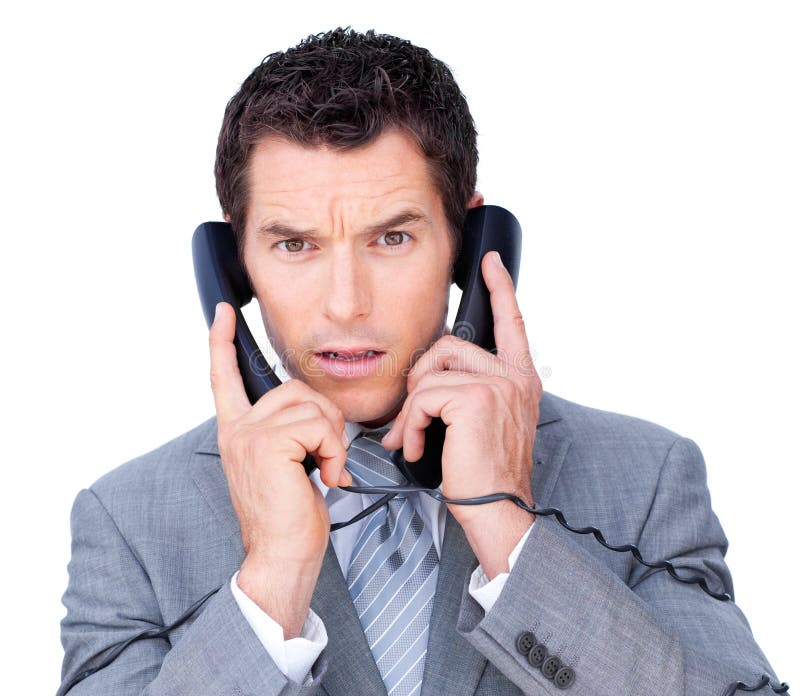 Busy Businessman Using Two Telephones Stock Image Image of consultants, customer 12618121