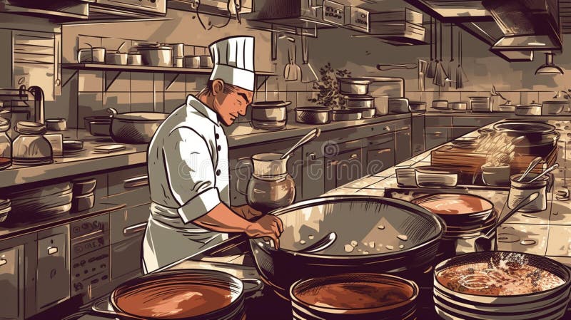 Tento vibrujúci ilustrácie energia z rušný reštaurácia kuchyňa ako kvalifikovaný šéfkuchár pripravuje gurmán jedlo medzi z hrnce panvice.