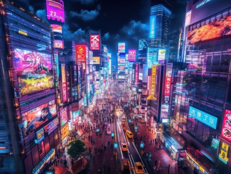 A busy city street at night with neon signs. Generative AI image.